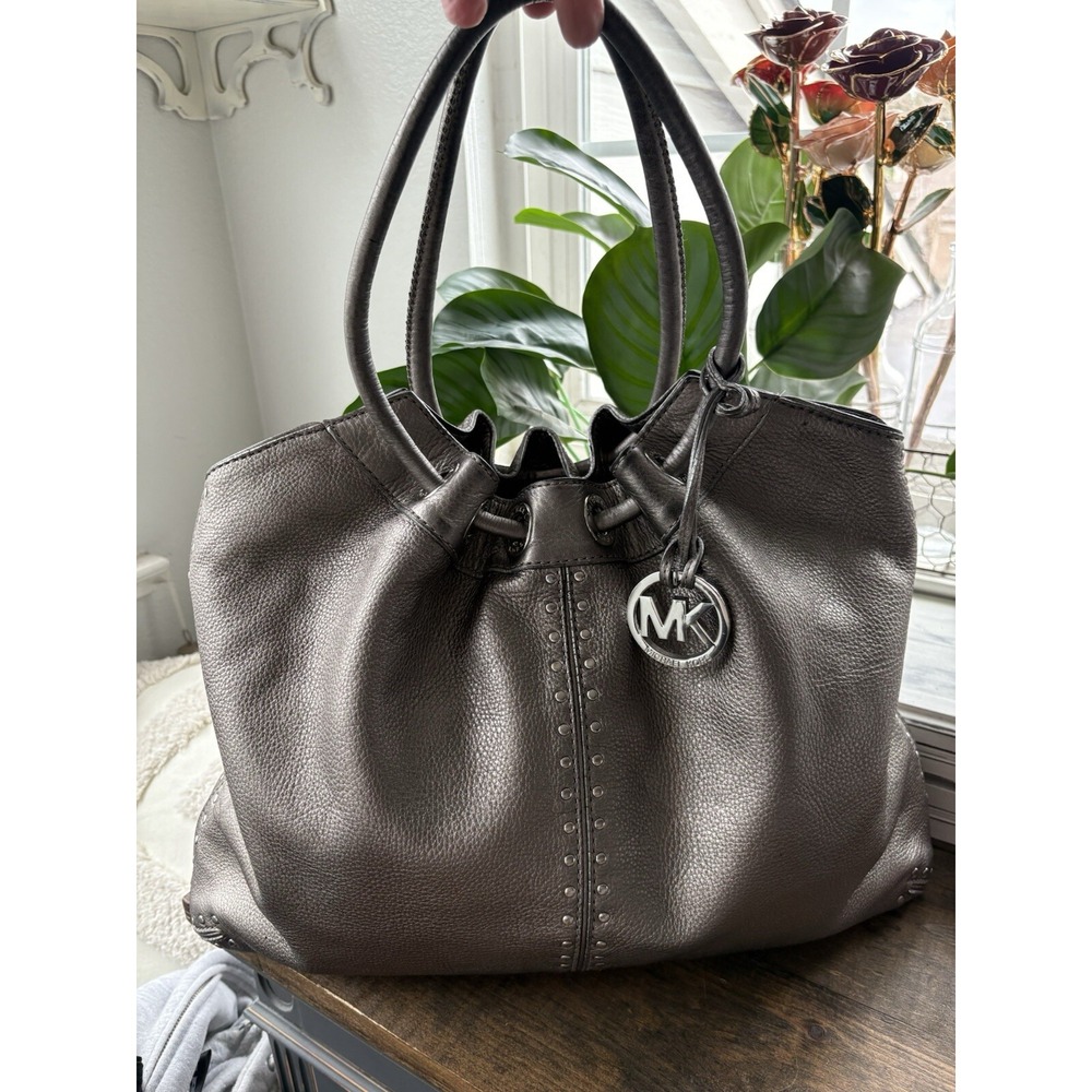 Michael Kors Metallic Pewter Pebbled Leather Studded Double Handle Tote Handbag